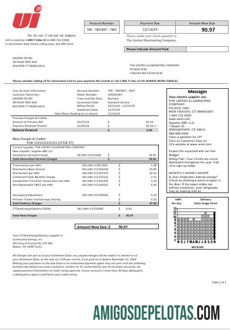 para download EUA Connecticut The United Illuminating Company Modelo de conta de serviços públicos de eletricidade em formatos Word e PDF
